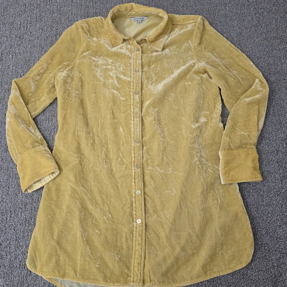 John Mark Velvet Tunic Blouse S Yellow Long Sleeve Button Up Top Oversized‎